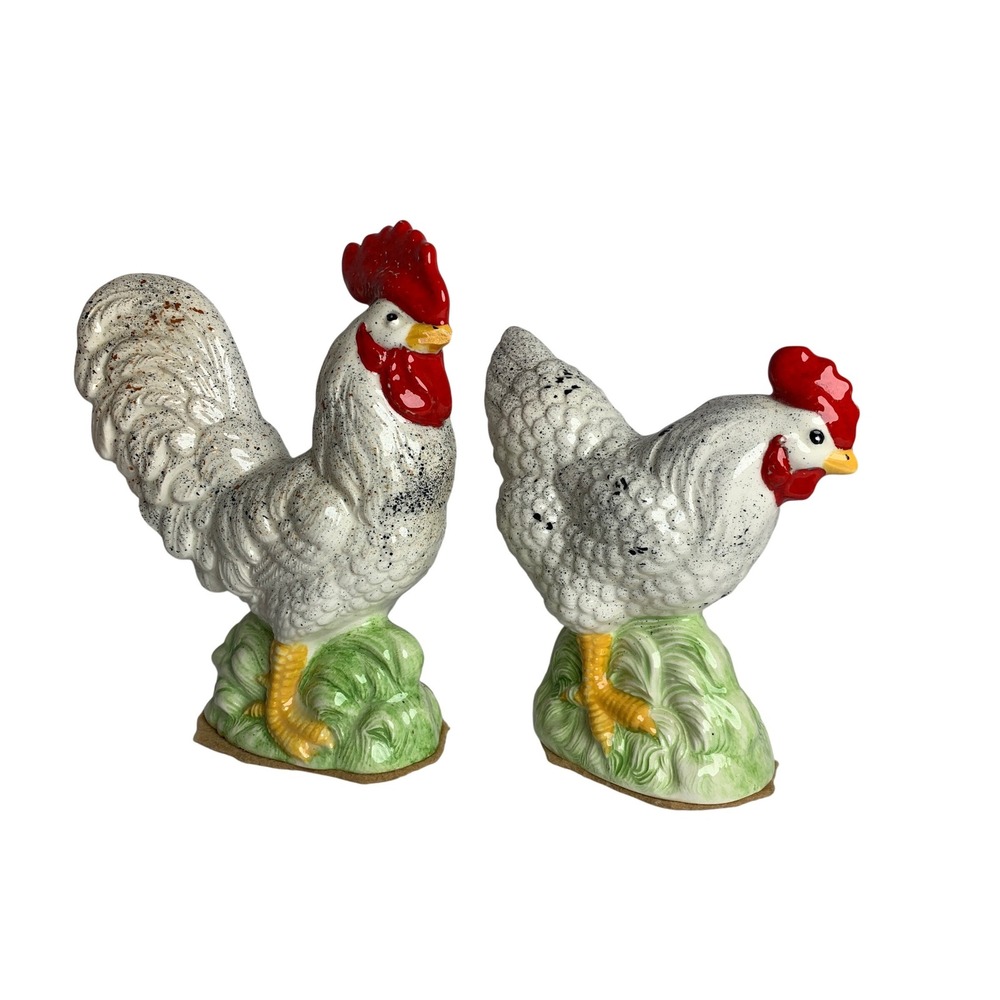 Vintage Ceramic Rooster and Hen Figurines Farmhouse Kitchen Decor Speckled White